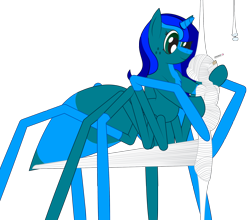 Size: 1968x1730 | Tagged: safe, artist:billy2345, derpibooru import, oc, oc only, oc:amberlue, oc:percy, drider, earth pony, monster pony, original species, pony, spiderpony, unicorn, cocoon, duo, duo female, earth pony oc, female, glasses, heart, horn, mare, mummification, not a vector, simple background, smiling, spider web, story included, transparent background, unicorn oc, wrapped up, wrapping