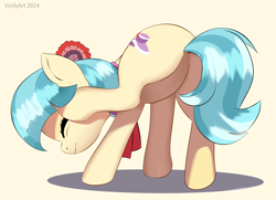 Size: 2310x1671 | Tagged: safe, artist:vinilyart, derpibooru import, coco pommel, earth pony, pony, g4, behaving like a dog, butt, cocobetes, cute, dock, ear scratch, eyes closed, featureless crotch, female, hatbutt, mare, plot, simple background, solo, tail