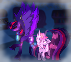 Size: 2052x1795 | Tagged: safe, alternate version, artist:bryony6210, derpibooru import, twilight sparkle, twilight sparkle (alicorn), oc, oc:queen eclipse, alicorn, pony, g4, alternate character, armor, black eye, black sclera, blurry background, chest fluff, concave belly, dream, duo, duo female, ears, eyelashes, feathered wings, female, floppy ears, glowing, glowing cutie mark, glowing horn, height difference, hooves, horn, leonine tail, long horn, long tail, magic, magic aura, nightmare, older, older twilight, older twilight sparkle (alicorn), peytral, physique difference, purple coat, purple eyes, raised hoof, raised leg, slender, smiling, smirk, spread wings, tail, tall, thin, three toned mane, three toned tail, unicorn horn, unshorn fetlocks, wing armor, wings, worried