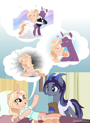 Size: 2160x2944 | Tagged: safe, artist:limedazzle, derpibooru import, oc, oc only, oc:lena, oc:victoria, goat, pony, unicorn, bed, clipboard, dancing, duo focus, female, goat pony, horn, hospital bed, mare, microphone, music notes