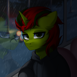 Size: 2000x2000 | Tagged: safe, artist:alunedoodle, derpibooru import, oc, oc only, oc:blobel, pony, unicorn, bust, clothes, hoodie, horn, looking at you, male, portrait, rain, reflection, sad, solo, two toned mane, window