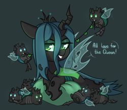 Size: 2481x2159 | Tagged: safe, artist:lazycloud, derpibooru import, queen chrysalis, changeling, changeling queen, g4, chibi, chubbie, cute, cutealis, cuteling, grin, lying down, prone, smiling, solo, speech bubble, text