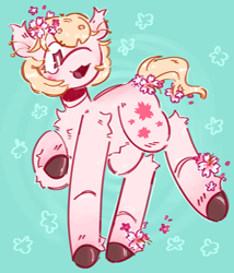 Size: 1548x1810 | Tagged: safe, artist:tottallytoby, derpibooru import, oc, oc only, oc:sakurako, earth pony, pony, abstract background, artfight, belly fluff, bipedal, blonde, blonde mane, blonde tail, blushing, bobcut, brown hooves, cherry blossoms, chest fluff, colored, colored hooves, ear tufts, facial markings, female, flat colors, flower, flower blossom, flower in hair, flower in tail, gift art, gradient legs, hock fluff, hooves, leg fluff, looking down, mare, open mouth, open smile, pink coat, pink eyes, raised hoof, raised leg, shiny hooves, short hair, short mane, short tail, shoulder fluff, smiling, solo, tail, thin legs, unshorn fetlocks, wavy tail, white pupils