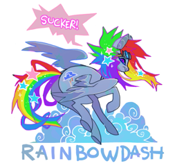 Size: 653x631 | Tagged: safe, artist:cutesykill, derpibooru import, rainbow dash, pegasus, pony, g4, alternate design, alternate eye color, alternate hairstyle, blue coat, blue text, butt, cloud, colored pinnae, female, flying, frown, frowning at you, goggles, goggles on head, hair accessory, long legs, long mane, long tail, looking at you, mane accessory, mare, multicolored hair, multicolored mane, multicolored tail, narrowed eyes, partially open wings, plot, purple eyes, rainbow douche, rainbow hair, rainbow tail, raised hoof, raised leg, simple background, slit eyes, solo, sparkly mane, sparkly tail, speech bubble, spiky mane, tail, tail accessory, tall ears, text, thin, thin legs, white background, white text, wings, yelling
