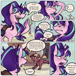 Size: 1500x1500 | Tagged: safe, artist:disaterror, derpibooru import, starlight glimmer, oc, oc:corti, earth pony, pony, g4, 5 panel comic, bag, colored eyebrows, colored hooves, comic, curved horn, day, detailed background, dialogue, duo, earth pony oc, equal cutie mark, evil starlight, eye clipping through hair, eyebrows, eyebrows visible through hair, eyeshadow, fangs, female, freckles, grass, hooves, horn, house, implied injury, implied oc, looking at each other, looking at someone, makeup, mare, multicolored mane, multicolored tail, narrowed eyes, open frown, open mouth, open smile, our town, outdoors, panicking, pink coat, pink eyeshadow, pink hooves, question mark, raised hoof, raised leg, red coat, red hooves, running, s5 starlight, saddle bag, sharp teeth, shrunken pupils, slasher smile, smiling, solo focus, speech bubble, standing, starlight's village, tail, talking, tall ears, teeth, text, three toned mane, three toned tail, tree, two toned mane, unicorn horn, unshorn fetlocks, wall of tags, watermark, waving, yelling