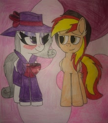 Size: 2712x3088 | Tagged: safe, artist:mlptmntfan2000, derpibooru import, oc, oc only, oc:firey ratchet, oc:oliver spade, pegasus, bedroom eyes, clothes, duo, duo male and female, fedora, female, hat, male, traditional art, trenchcoat