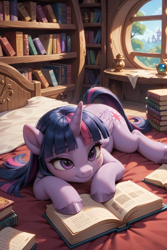 Size: 768x1152 | Tagged: safe, ai content, derpibooru import, machine learning generated, twilight sparkle, twilight sparkle (alicorn), alicorn, pony, g4, bed, book, bookshelf, golden oaks library, lying down, prompter:tayblossom, solo, window