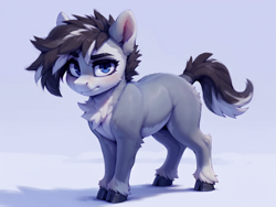 Size: 1024x768 | Tagged: source needed, safe, ai content, derpibooru import, generator:easyfluff v11.2, generator:stable diffusion, machine learning generated, earth pony, pony, abstract background, blushing, chest fluff, clothes, cloven hooves, colored pinnae, gray coat, hooves, looking at you, pale belly, prompter needed, socks, solo, standing, tail, two toned mane, two toned tail