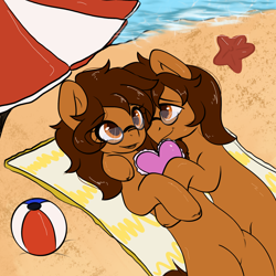 Size: 2048x2048 | Tagged: safe, artist:kristina, derpibooru import, oc, oc only, earth pony, pony, beach, beach ball, beach umbrella, commission, community related, couple, duo, love, ocean, summer, water, ych result