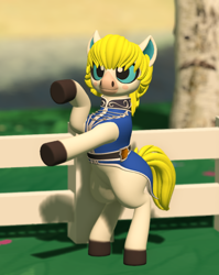 Size: 804x1009 | Tagged: safe, artist:mosssong, derpibooru import, earth pony, pony, 3d, animal crossing, clothes, colton (animal crossing), crossover, fence, male, open pony, ponified, pose, rearing, second life, smiling, solo, species swap, stallion, uniform