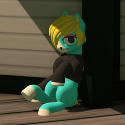 Size: 919x921 | Tagged: safe, artist:mosssong, derpibooru import, earth pony, pony, 3d, animal crossing, clothes, ed (animal crossing), eyeshadow, leaning, leaning back, looking at you, makeup, male, open pony, ponified, second life, sitting, solo, species swap, stallion, sweater