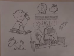 Size: 4000x3000 | Tagged: safe, artist:twigpaste, derpibooru import, oc, oc only, oc:anon, earth pony, human, pony, aaugh!, charlie brown, duo, grayscale, hug, monochrome, open mouth, peanuts (comic), pencil drawing, sitting, snoopy, traditional art, volumetric mouth