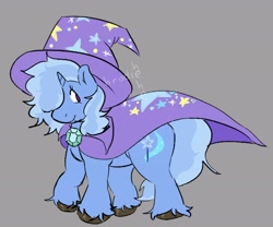 Size: 3000x2500 | Tagged: safe, artist:brodiehehe, derpibooru import, trixie, pony, unicorn, g4, cape, clothes, female, gray background, hat, horn, mare, simple background, smiling, solo, trixie's cape, trixie's hat, unshorn fetlocks