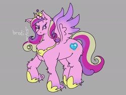 Size: 2048x1536 | Tagged: safe, artist:brodiehehe, derpibooru import, princess cadance, alicorn, pony, g4, gray background, jewelry, regalia, simple background, smiling, solo, spread wings, unshorn fetlocks, wings