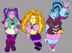 Size: 3000x2195 | Tagged: safe, artist:brodiehehe, derpibooru import, adagio dazzle, aria blaze, sonata dusk, human, equestria girls, g4, blushing, female, frown, gray background, one eye closed, open mouth, simple background, smiling, the dazzlings, trio, trio female, wink