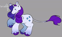 Size: 3000x1827 | Tagged: safe, artist:brodiehehe, derpibooru import, rarity, pony, unicorn, g4, gray background, horn, leonine tail, raised hoof, raised leg, simple background, solo, tail, unshorn fetlocks