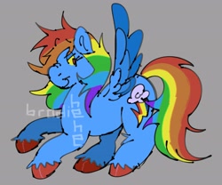 Size: 3000x2500 | Tagged: safe, artist:brodiehehe, derpibooru import, rainbow dash, pegasus, pony, g4, gray background, simple background, smiling, smirk, solo, spread wings, unshorn fetlocks, wings