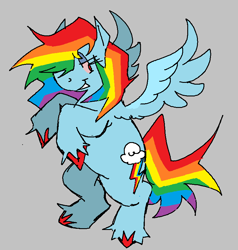 Size: 807x848 | Tagged: safe, artist:brodiehehe, derpibooru import, rainbow dash, pegasus, pony, g4, bipedal, gray background, simple background, smiling, smirk, solo, spread wings, unshorn fetlocks, wings