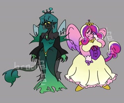 Size: 3000x2500 | Tagged: safe, artist:brodiehehe, derpibooru import, princess cadance, queen chrysalis, human, g4, clothes, crown, dress, duo, ear piercing, earring, gray background, hooped earrings, humanized, jewelry, necklace, piercing, regalia, simple background, standing, tail