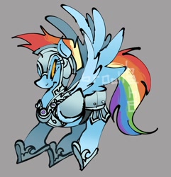 Size: 876x907 | Tagged: safe, artist:brodiehehe, derpibooru import, rainbow dash, pegasus, pony, g4, armor, frown, gray background, knight, simple background, solo, spread wings, wings