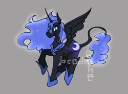 Size: 1112x820 | Tagged: safe, artist:brodiehehe, derpibooru import, nightmare moon, alicorn, pony, g4, gray background, jewelry, leonine tail, regalia, simple background, solo, tail