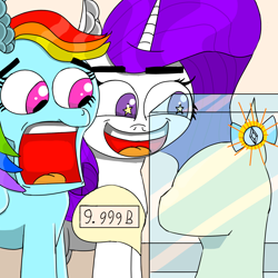 Size: 1500x1500 | Tagged: safe, artist:icycrymelon, derpibooru import, rainbow dash, rarity, pegasus, pony, unicorn, g4, duo, duo female, expensive, female, happy, horn, jewelry, open mouth, smiling, sparkling, starry eyes, surprised, wingding eyes