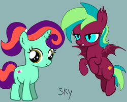 Size: 1500x1200 | Tagged: safe, artist:skycandy, derpibooru import, oc, oc only, oc:bitter soundflare, oc:skycandy, bat pony, pony, unicorn, duo, female, filly, foal, green background, horn, simple background