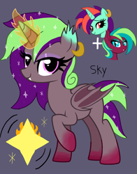 Size: 1896x2418 | Tagged: safe, artist:skycandy, derpibooru import, oc, oc only, oc:bitter soundflare, oc:burning sugar, oc:skycandy, alicorn, bat pony, bat pony alicorn, hybrid, bat wings, cutie mark, ear piercing, earring, female, fusion, fusion:oc:bitter soundflare, fusion:oc:skycandy, glowing, glowing horn, gradient ears, gradient hooves, gradient horn, horn, jewelry, magic, magic aura, piercing, solo, wings