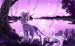 Size: 2839x1760 | Tagged: safe, artist:laymy, derpibooru import, oc, oc only, classical unicorn, unicorn, butt, cloven hooves, curved horn, facing away, high res, horn, lake, leonine tail, plot, scenery, solo, tail, tree, unshorn fetlocks, water