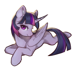 Size: 1024x1024 | Tagged: safe, artist:rikadiane, derpibooru import, twilight sparkle, twilight sparkle (alicorn), alicorn, pony, g4, folded wings, horn, looking at you, lying down, missing cutie mark, prone, solo, watermark, wings