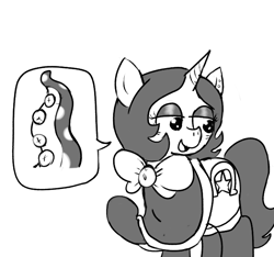 Size: 640x600 | Tagged: safe, artist:ficficponyfic, derpibooru import, oc, oc only, oc:joyride, pony, unicorn, bowtie, clothes, colt quest, cyoa, female, horn, leggings, mantle, mare, monochrome, raised hoof, raised leg, simple background, solo, speech bubble, story included, tentacles, unicorn oc, white background