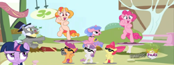 Size: 1914x718 | Tagged: safe, derpibooru import, edit, edited screencap, screencap, apple bloom, pinkie pie, scootaloo, sweetie belle, twilight sparkle, twilight sparkle (alicorn), oc, oc:pizza pie, alicorn, earth pony, pegasus, pony, unicorn, fanfic:full friendship's magic, g4, magical mystery cure, bipedal, boombox, cutie mark crusaders, dancing, gangnam style, horn, hub logo, logo, mushroom table, ponyville, the hub, wrong aspect ratio