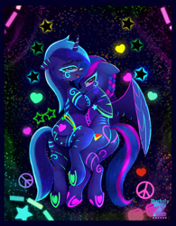 Size: 1740x2236 | Tagged: safe, artist:darksly, derpibooru import, minuette, oc, oc:laser shine, pegasus, pony, unicorn, g4, bedroom eyes, bodypaint, butt, canon x oc, duo, duo female, face paint, female, frog (hoof), glow in the dark, horn, hug, lesbian, mare, neon, open mouth, plot, shipping, underhoof