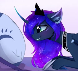 Size: 2400x2199 | Tagged: safe, artist:magnaluna, derpibooru import, princess luna, alicorn, pony, g4, blushing, crown, curved horn, dragon egg, ear fluff, ears, egg, ethereal mane, female, high res, hoof shoes, horn, jewelry, looking at something, mare, peytral, princess shoes, profile, regalia, side view, smiling, solo, wings