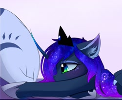 Size: 2400x1971 | Tagged: safe, artist:magnaluna, derpibooru import, princess luna, alicorn, pony, g4, blushing, crown, curved horn, dragon egg, ear fluff, ears, egg, ethereal mane, female, high res, hoof shoes, horn, jewelry, looking at something, lying down, mare, princess shoes, profile, regalia, side view, solo, wings