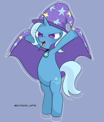 Size: 1744x2048 | Tagged: safe, artist:eltrash_art6, derpibooru import, trixie, pony, unicorn, g4, belly, bipedal, blue background, blushing, cape, clothes, cute, diatrixes, female, hat, horn, mare, open mouth, simple background, solo, trixie's cape, trixie's hat