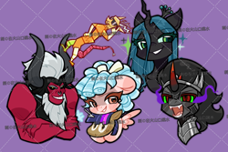 Size: 1500x1000 | Tagged: safe, artist:hedgehog29271, derpibooru import, cozy glow, discord, king sombra, lord tirek, queen chrysalis, twilight sparkle, centaur, changeling, changeling queen, draconequus, pegasus, pony, taur, umbrum, unicorn, g4, bust, chinese, evil smile, fangs, female, figurine, filly, foal, grin, horn, male, mare, obtrusive watermark, open mouth, plushie, portrait, purple background, simple background, smiling, sparkles, stallion, text, twilight sparkle plushie, watermark