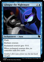 Size: 375x523 | Tagged: safe, artist:sillyfillystudios, derpibooru import, edit, king sombra, nightmare moon, princess luna, alicorn, unicorn, g4, ccg, fall of the crystal empire, horn, magic the gathering, scythe, trading card, trading card edit, trading card game