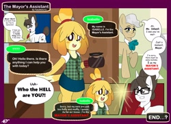 Size: 4096x2974 | Tagged: safe, artist:takaneko131, derpibooru import, mayor mare, raven, anthro, dog, earth pony, pony, unicorn, g4, animal crossing, bangs, clothes, crossover, cute, dialogue, glasses, grin, hair bun, horn, isabelle, necktie, pencil skirt, ravenbetes, rivalry, secretary, skirt, smiling, speech bubble, this will end in pain