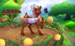 Size: 3239x1979 | Tagged: safe, artist:malinraf1615, derpibooru import, oc, oc only, oc:leafy skies, butterfly, deer, deer pony, original species, peryton, antlers, bandage, broken bone, broken wing, cast, cloven hooves, colored hooves, colored wings, commission, deerified, forest, freckles, hooves, injured, male, nature, nonbinary, short tail, sling, solo, species swap, stag, tail, tree, treehouse, village, wings