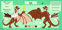 Size: 5345x2562 | Tagged: safe, artist:kleowolfy, derpibooru import, oc, oc only, oc:ash, dragon, bandage, blue background, broken bone, broken wing, cast, claws, colored wings, commission, dragon oc, dragonified, injured, non-pony oc, nonbinary, reference sheet, simple background, sling, solo, species swap, tail, wings, wyvern