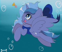 Size: 1440x1200 | Tagged: safe, artist:trackheadtherobopony, derpibooru import, oc, oc only, oc:lulu star moonie, alicorn, fish, blue eyes, blue mane, blue tail, bow, bubble, clothes, crepuscular rays, cute, female, flowing mane, flowing tail, hair bow, happy, looking up, not luna, ocean, one-piece swimsuit, open mouth, open smile, ribbon, smiling, solo, spread wings, sunlight, swimming, swimsuit, tail, underwater, water, wings