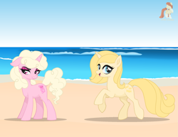 Size: 1901x1468 | Tagged: safe, artist:r4hucksake, derpibooru import, oc, oc only, oc:gummybear, oc:lemon sherbet, pony, unicorn, beach, female, horn, mare