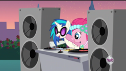 Size: 1280x720 | Tagged: safe, derpibooru import, screencap, dj pon-3, pinkie pie, vinyl scratch, earth pony, pony, unicorn, a canterlot wedding, g4, season 2, alternate hairstyle, bridesmaid, bridesmaid pinkie, cute, duo, duo female, female, horn, hub logo, logo, mare, open mouth, speaker, the hub