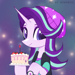 Size: 1680x1680 | Tagged: safe, artist:memengla, derpibooru import, starlight glimmer, pony, unicorn, equestria girls, g4, mirror magic, cake, candle, clothes, cute, equestria girls outfit, equestria girls specials, female, food, glimmerbetes, hat, horn, looking at you, mare, shirt, smiling, smiling at you, solo, strawberry shortcake, vest, watch