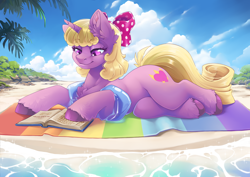 Size: 3508x2480 | Tagged: safe, artist:arctic-fox, derpibooru import, oc, oc only, oc:deelara, pony, unicorn, beach, beach towel, blonde, blonde mane, book, bow, commission, hair bow, horn, pink coat, reading, solo, unicorn oc