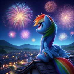 Size: 1024x1024 | Tagged: safe, ai content, derpibooru import, generator:bing image creator, generator:dall-e 3, machine learning generated, rainbow dash, pegasus, pony, g4, cute, dashabetes, female, fireworks, folded wings, mare, night, prompter:nightofcore, roof, rooftop, sitting, solo, wings, wrong cutie mark