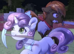 Size: 1481x1080 | Tagged: safe, artist:rikadiane, derpibooru import, button mash, sweetie belle, earth pony, pony, unicorn, g4, don't mine at night, duo, duo male and female, female, horn, male, minecraft, mouth hold, pickaxe, sword, weapon