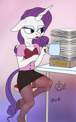 Size: 742x1200 | Tagged: safe, artist:sepiakeys, derpibooru import, rarity, anthro, unguligrade anthro, unicorn, g4, blouse, clothes, female, gradient background, grump, horn, pencil skirt, sitting, skirt, solo, stockings, thigh highs, tight clothing, tube skirt, unicorn horn, working