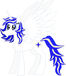 Size: 756x874 | Tagged: safe, artist:silverfishv9, derpibooru import, oc, oc only, oc:azure star (silverfishv9), alicorn, pony, alicorn oc, blue eyes, blue mane, highlights, horn, simple background, solo, transparent background, vector, white coat, wings